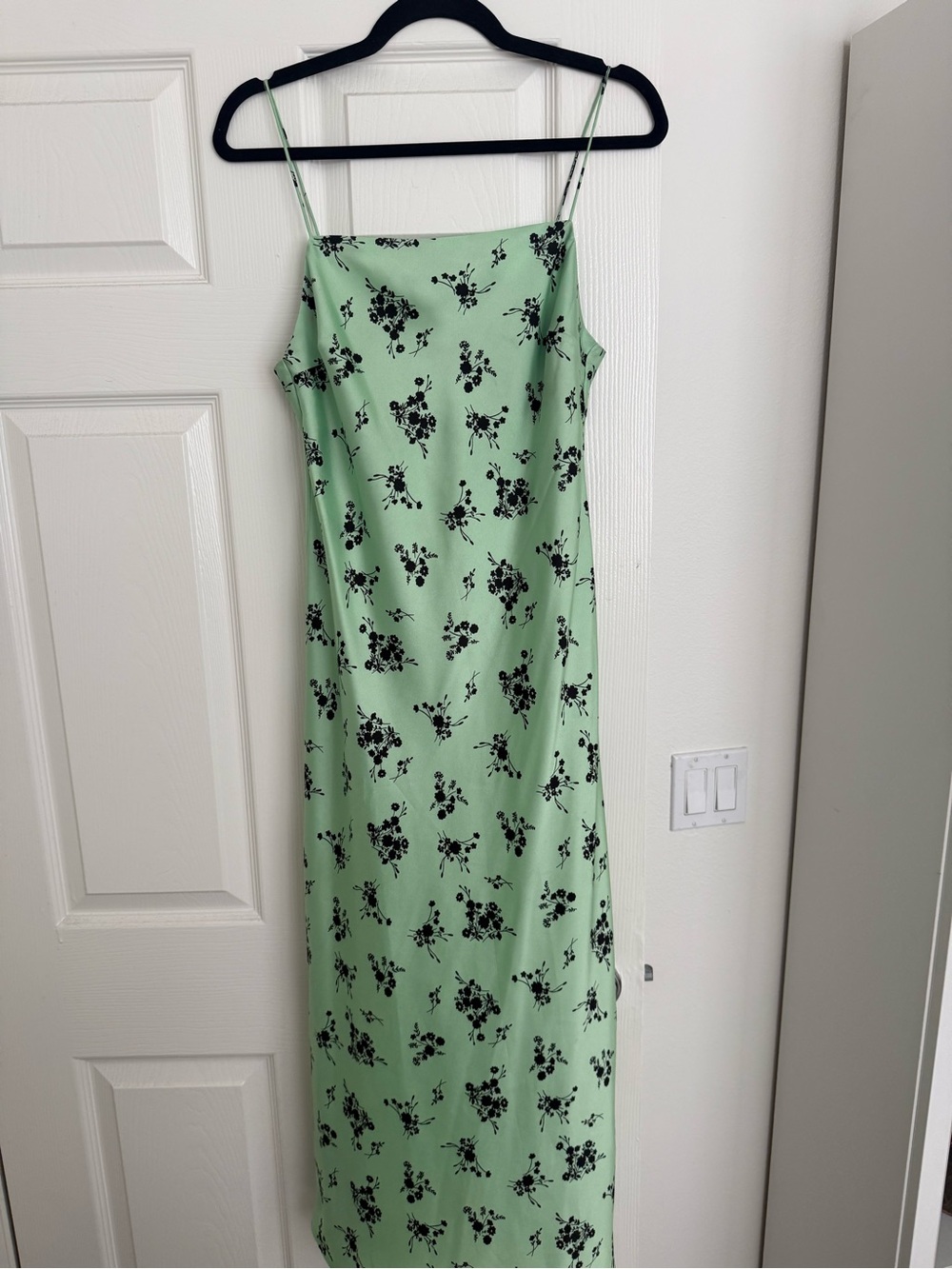 Mint green/black floral print spaghetti strap satin midi